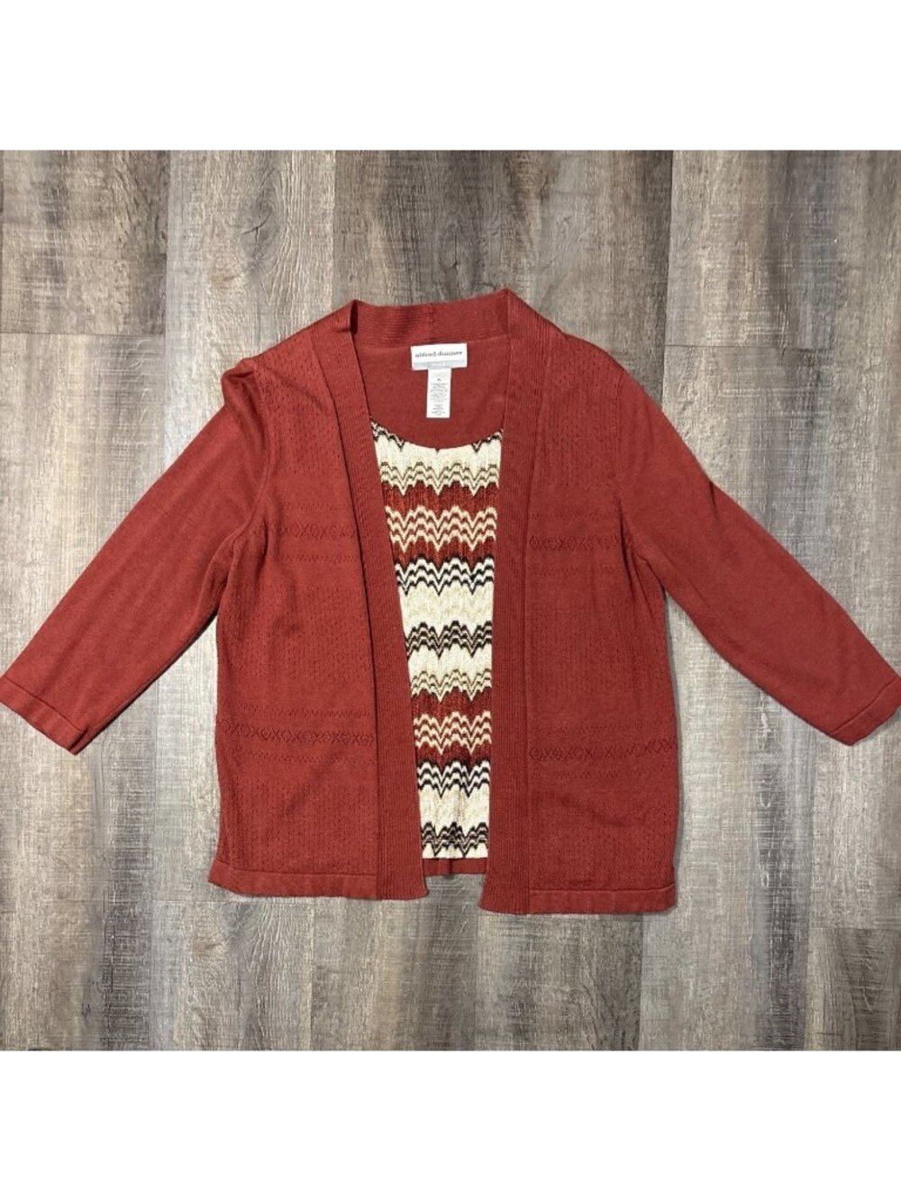 Alfred Dunner Chevron Layered Top Womens Petite Cardigan Rust Gold Tan Patterned - Picture 6 of 16